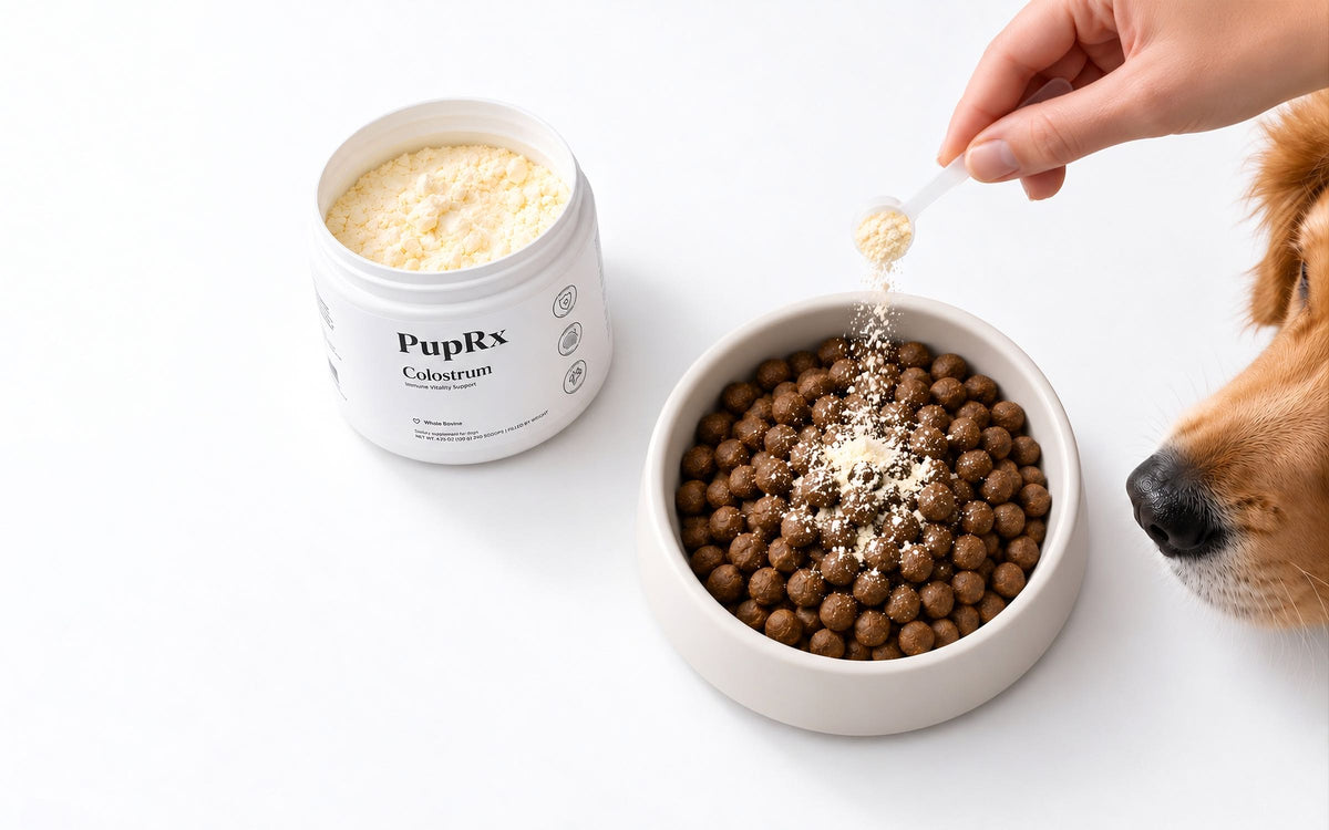 A scoop of colostrum powder poured over a bowl of kibble as a dog leans in